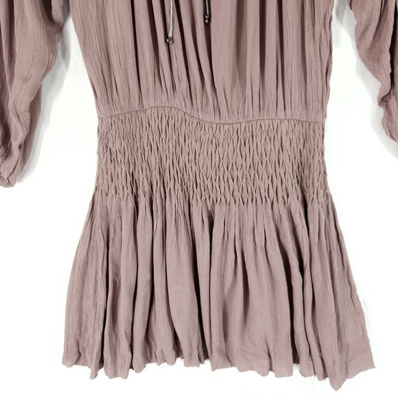 Free People Blouson Mini Dress Size XS Boho Tunic Balloon Sleeve Raw Hem Crinkle - Picture 4 of 13